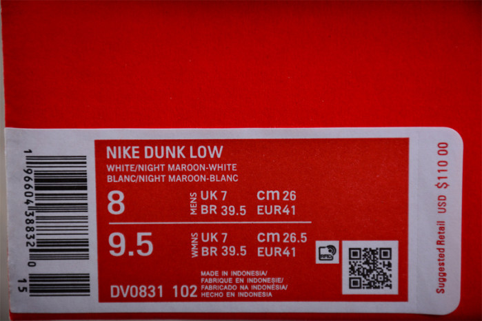 nike dunk low retro white night maroon dv0831-102